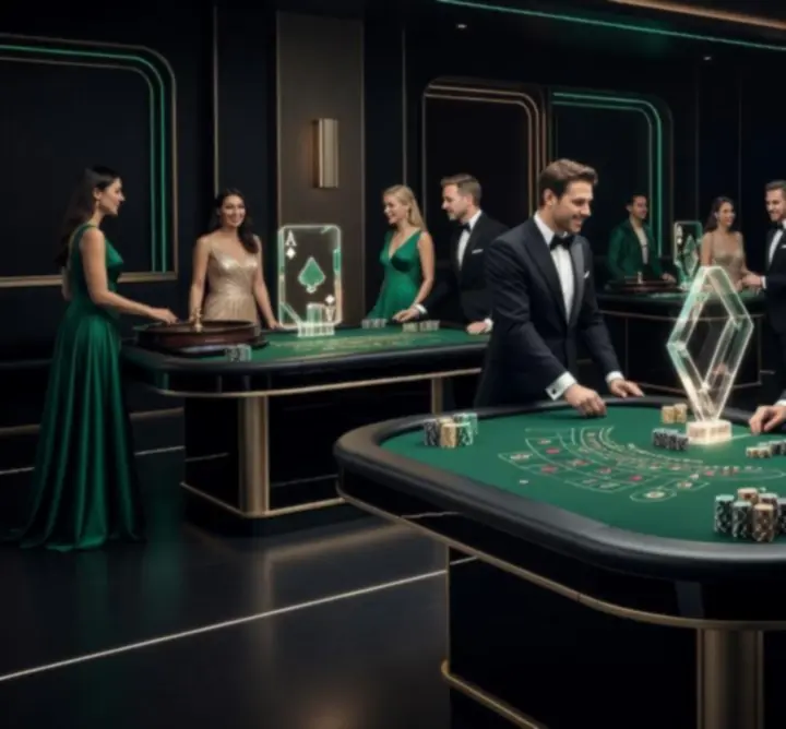 Ciemny, elegancki event kasynowy z zielonym stołem i kartami