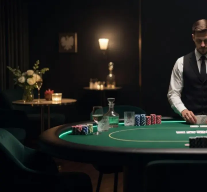 Luksusowa aranżacja turnieju pokerowego z kilkoma stołami i nastrojowym oświetleniem