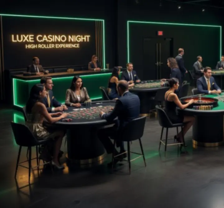 Wielostanowiskowy event kasynowy z różnymi stołami do pokera, ruletki i blackjacka