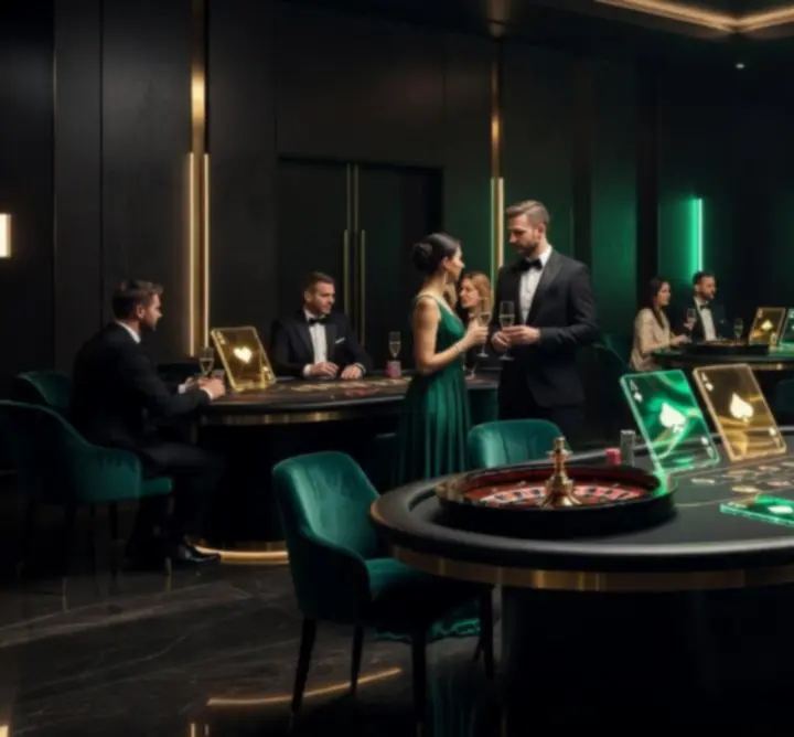 Sala eventowa w klimacie kasynowym z eleganckimi gośćmi i stołami do gry